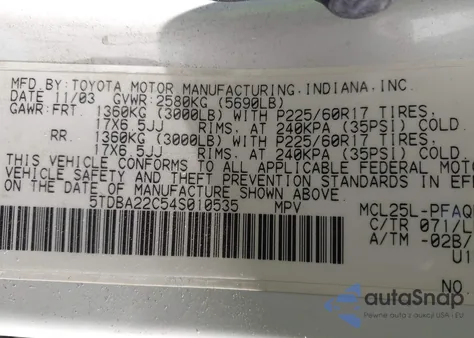 2004 Toyota Sienna Xle Limited z USA, uszkodzony, nr VIN 5TDBA22C54S010535